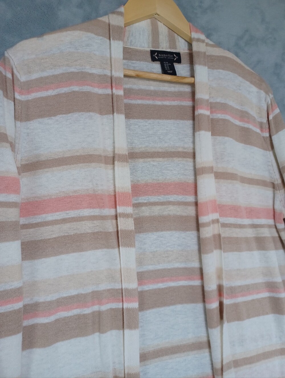 Linen Blend Open Front Cardigan XL Pink Beige Stripe Coastal Resort Hamptons - Picture 5 of 11